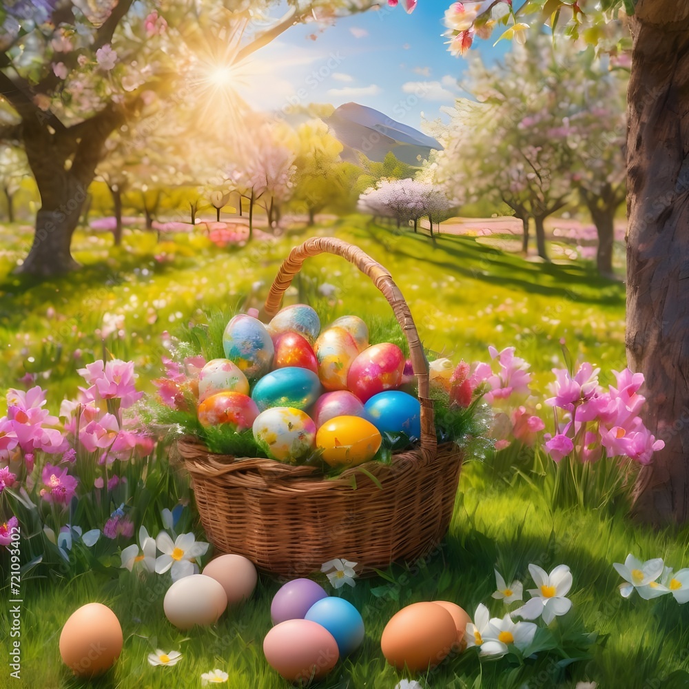 Easter - Painted Eggs In Basket On Grass In Sunny Orchard Easter - Painted Eggs In Basket On Grass In Sunny Orchard
