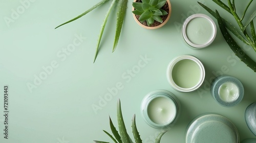 Aloe beauty treatment display. Containers with aloe vera on green background