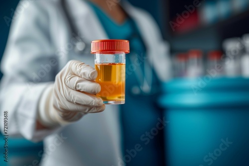 Doctor examines yellow urine sample in a white coat