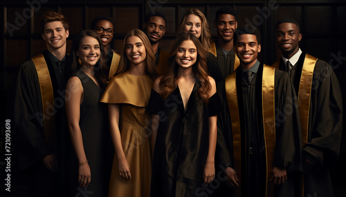smiling american and caucasian students in graduation gowns