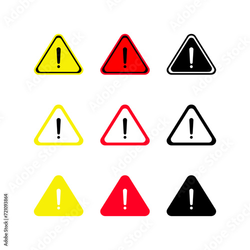 Caution warning triangular sign vector icon set with exclamation symbol in different styles.