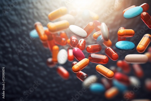 
A group of antibiotic pill capsules fallling. Healthcare and medical 3D illustration background