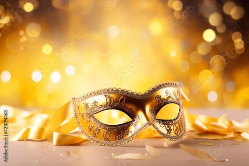 Carnival Party - Venetian Mask On Yellow Satin With Shiny Streamers On Abstract Defocused Bokeh Lights