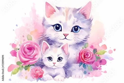 Fototapeta 
Cats family mother and child hugs, watercolor illustration, love clipart with cartoon characters good for card and print design