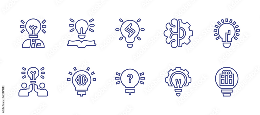 Idea line icon set. Editable stroke. Vector illustration. Containing idea, brain, intelligence, light bulb, innovation, partner, no idea.