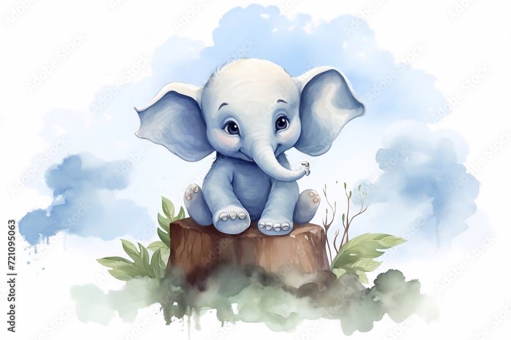 Cute baby elephant sitting on the cloud, vector hand drawn illustration ...