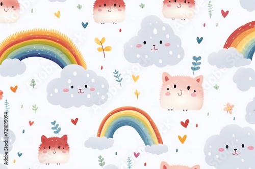 
Cute Hand Drawn Nursery Vector Patterns with Funny Red Ladybugs, Cluds and Rainbows. Lovely Childish Print with Dotted Lady Birds and Rainbows of Irregular Shape Isolated on a White Background photo