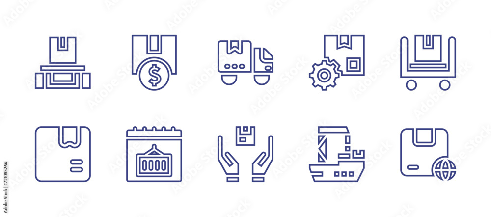 Logistics line icon set. Editable stroke. Vector illustration. Containing invest, calendar, trolley, parcel weight, management, delivery truck, cargo ship, handling, worldwide shipping, package.