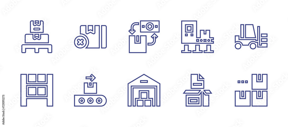 Logistics line icon set. Editable stroke. Vector illustration. Containing conveyor, shelf, inventory, fulfillment, warehouse, out of stock, forklift, cash on delivery, pallet.