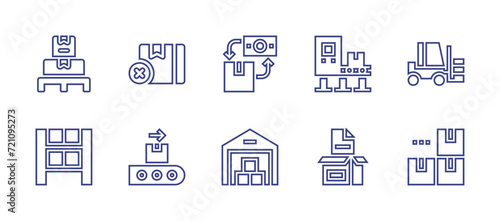 Logistics line icon set. Editable stroke. Vector illustration. Containing conveyor, shelf, inventory, fulfillment, warehouse, out of stock, forklift, cash on delivery, pallet.