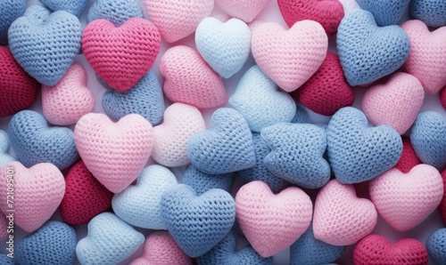 small knitted hearts in blue and pink color  in the style of soft and dreamy atmosphere Strickherzen in Pastellfarben