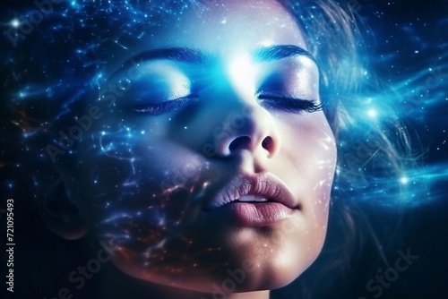 Double exposure portrait of a young woman close eye face with galaxy space inside head. Human inner peace, star light fire, life zen girl love,  concept