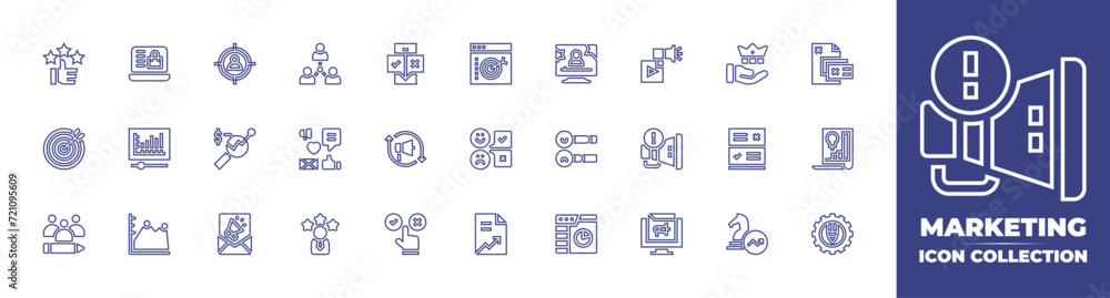 Marketing line icon collection. Editable stroke. Vector illustration. Containing connection, digital campaign, rating, digital marketing, video marketing, marketing, audience, retargeting, choice.