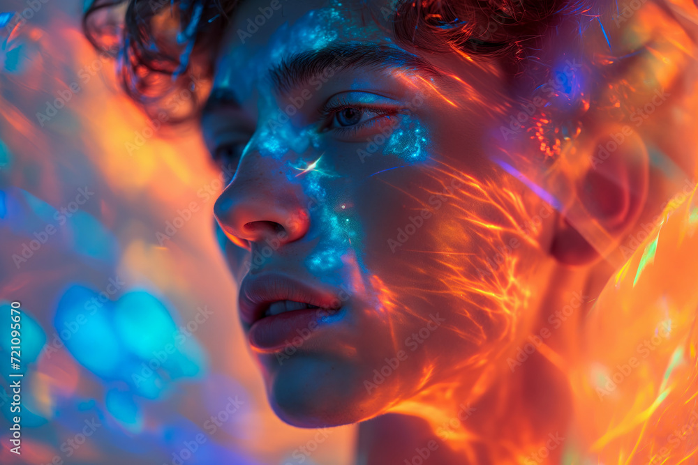 Neon Glow on Young Man's Face