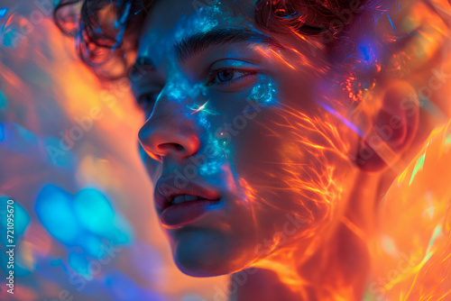 Neon Glow on Young Man's Face