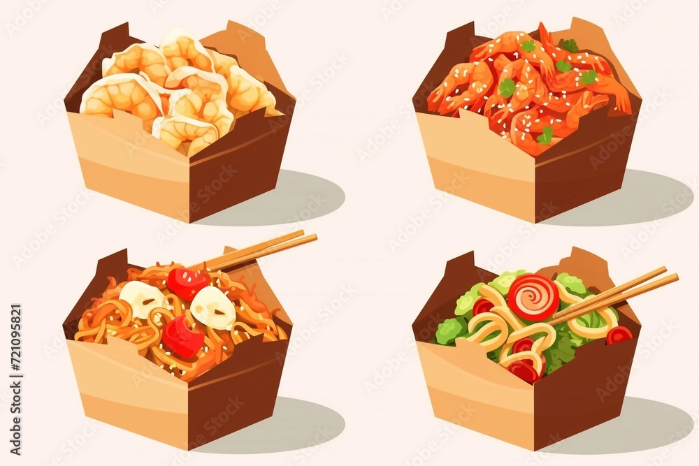 flat concept of asian food delivery, japanese sushi, wok noodles, chinese takeaway box


