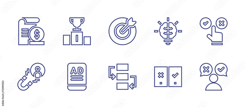 Marketing line icon set. Editable stroke. Vector illustration. Containing cost, target, choice, competition, creativity, lead generation, workflow, feedback, ad, ab testing.