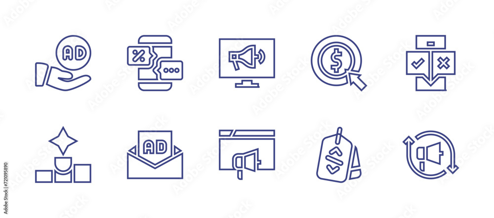 Marketing line icon set. Editable stroke. Vector illustration. Containing advertising, online advertising, audience, discount, pay per click, position, campaign, retargeting, ad, tag.