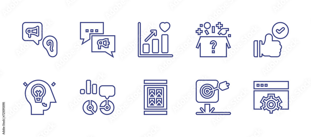 Marketing line icon set. Editable stroke. Vector illustration. Containing word of mouth, growth, accept, diffusion, surprise, data visualization, advertising, settings, idea, target.