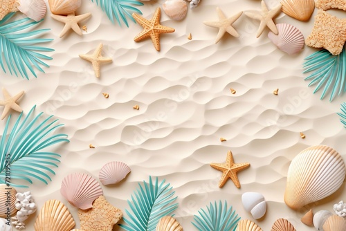 Flat lay with tropical leaves and seashells. Vector banner with beach sand, tropical plants, seashells and sea waves. Top view vector 3d ad illustration for promotion of summer goods