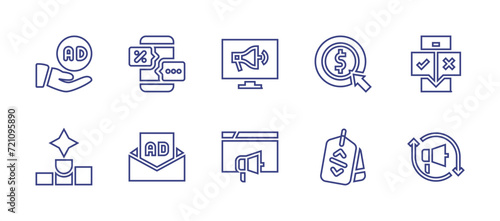 Marketing line icon set. Editable stroke. Vector illustration. Containing advertising, online advertising, audience, discount, pay per click, position, campaign, retargeting, ad, tag.