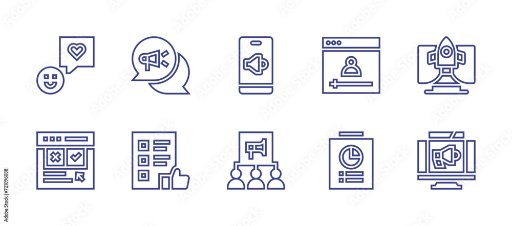 Marketing line icon set. Editable stroke. Vector illustration. Containing marketing, happy client, chat, feedback, survey, online video.
