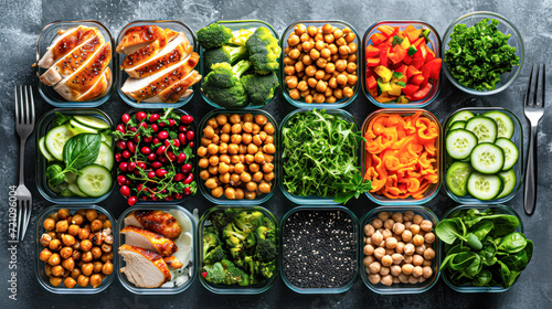 Assorted meal prep containers filled with a balanced selection of proteins, vegetables, and legumes on a dark kitchen surface.
