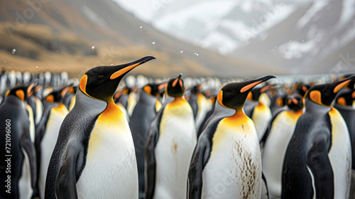 King Penguin Standing Out in the Crowd.A single king penguin stands prominently among a blurred gathering of its colony  showcasing its vivid orange and yellow plumage.