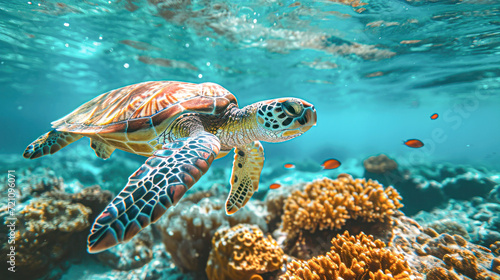 A graceful sea turtle is swimming near the vibrant coral reef  surrounded by tropical fish  under the glistening sunlit ocean surface.