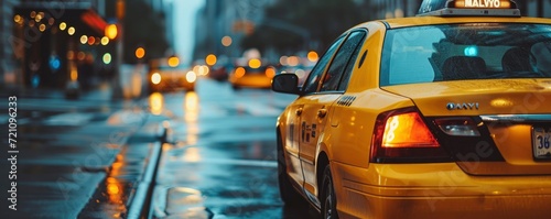Detail of yellow cab in big city. Yellow taxi transport car in autumn new york.