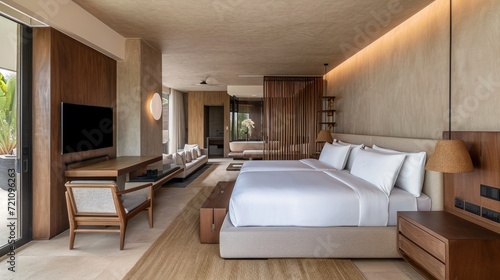 Luxury Bedroom in a modern house. Rooms with wooden floors  decorate with light white fabric bed