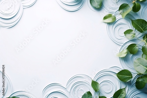 Green leaves hosts on blue water background close-up. White texture surface with rings and ripple. Flat lay  top view  copy space  composition with copy-space