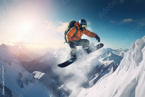 Snowboarder Mid-Jump in Mountain Landscape