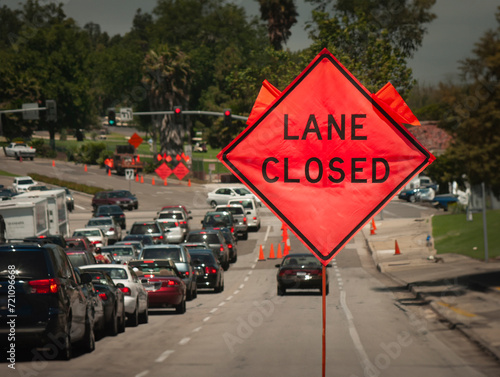 Foto An orange diamond shaped roadwork sign statiing lane closed with traffic backed