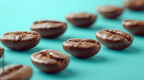 Roasted Coffee Beans Scattered on Turquoise Surface Close-Up