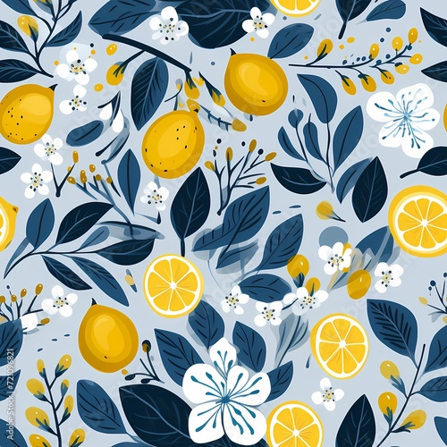 Lemon drawing illustration with white, blue and yellow seamless pattern