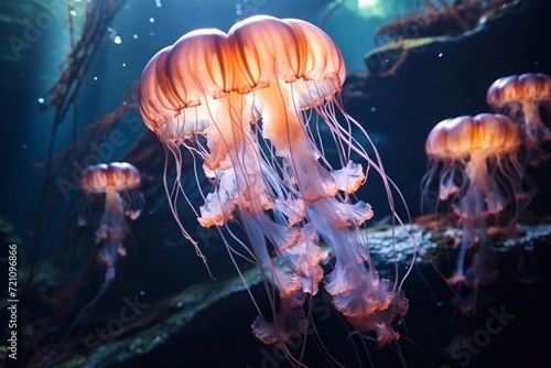 Jellyfish swim in the ocean sea, light passes through the water, creating the effect of volumetric rays. Dangerous blue jellyfish © Ирина Курмаева