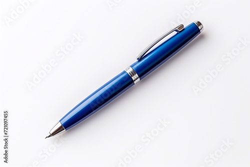 Beautiful and shiny glossy new stylish blue pen on a white background