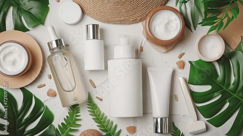 lsolated blank white skincare product set, no label or logo, surrounded bynatural items, marketing mockup, marketing concept  photo