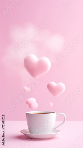 Pink hearts flying as a smoke out of cup with hot drink on pastel pink background. Minimal Valentines Day, wedding or Mother's day concept. Creative love composition. Morning coffee or tea lovers.