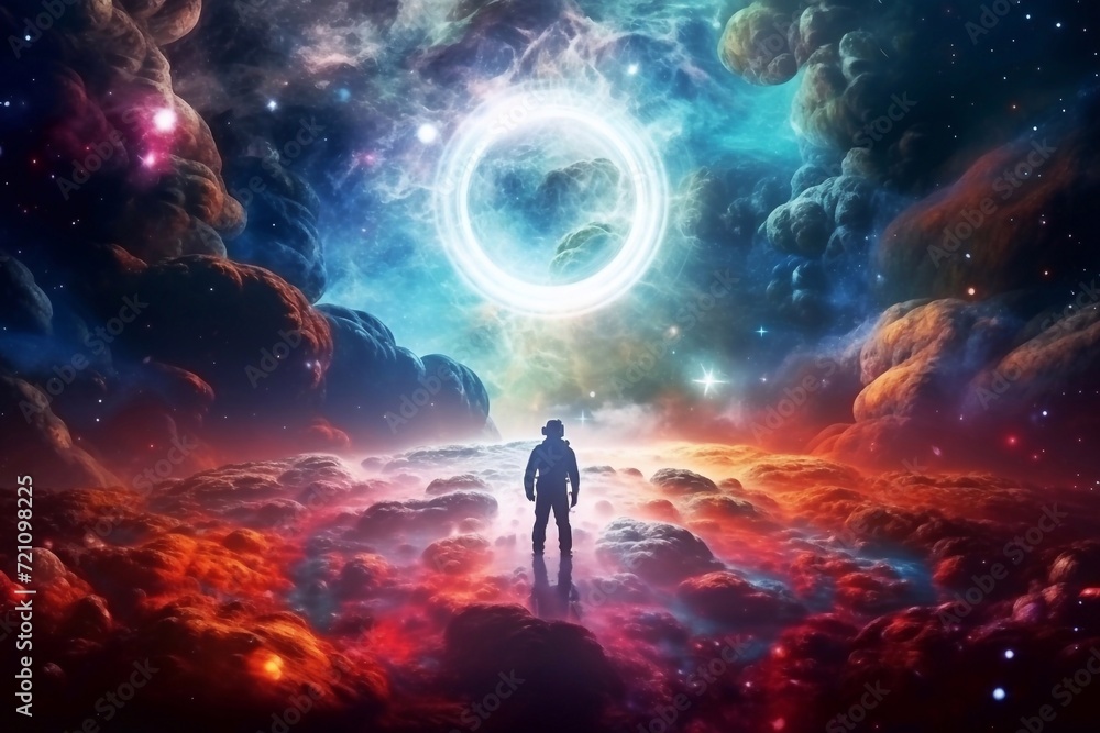 Fototapeta premium Beautiful cosmic background. Where the Astronaut stands on a reflective surface with a colorful fractal nebula