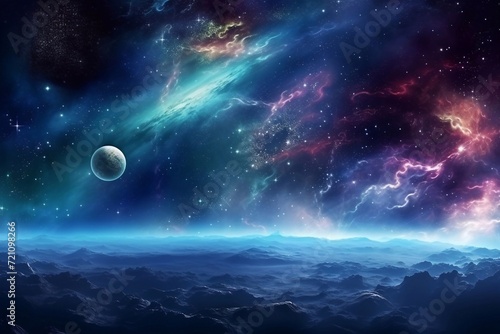 Space scene with planets, stars and galaxies. Panorama. Horizontal view for a glass panels