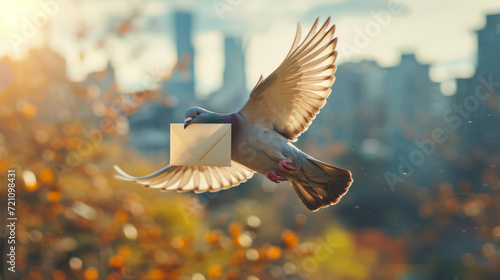 Pigeon Delivering Letter in Autumn Cityscape.
