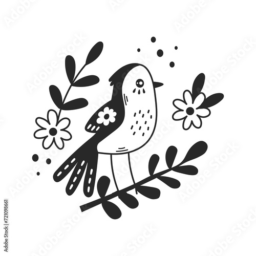 Bird on a branch vector illustration. Black line art. Cartoon animal with flowers on a wings sitting on twig. Doodle style. Childish print, card, springtime and summertime drawing design