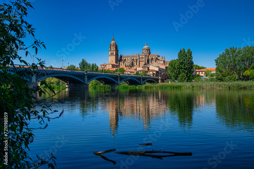 Bridge of Sanchez Fabres in Salamanca over Tormes river and Cathedral, Spain photo