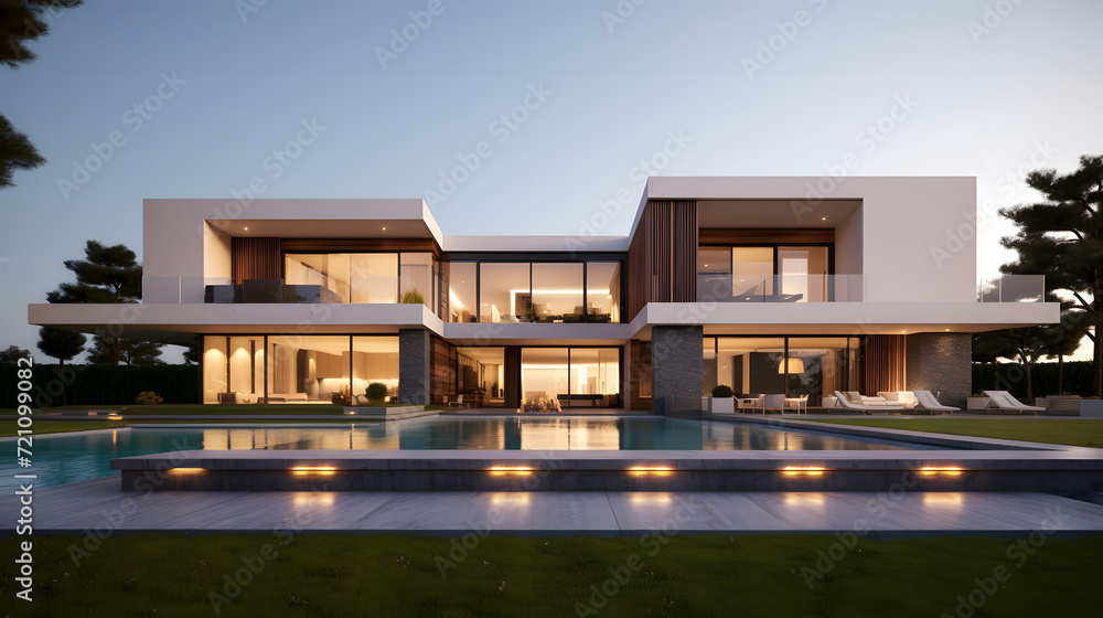 High-Resolution Contemporary House with Pool at Dusk, Architectural Photography High-Resolution Contemporary House with Pool at Dusk, Architectural Photography