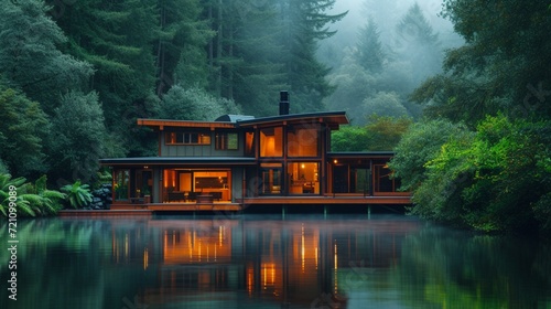 A minimalist and simple craftsman house with clean lines, rustic textures, and earthy tones set among lush green trees and Calm flowing water, reflecting its natural surroundings. © IBRAHEEM'S AI