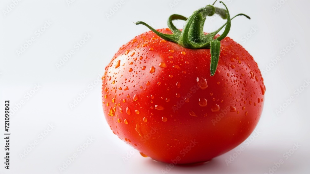 Red fresh tomato on a white background. Red vegetable closeup with water drops on it Red fresh tomato on a white background. Red vegetable closeup with water drops on it