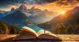 Ai generated mountain with book ,fictional ,fantasy world