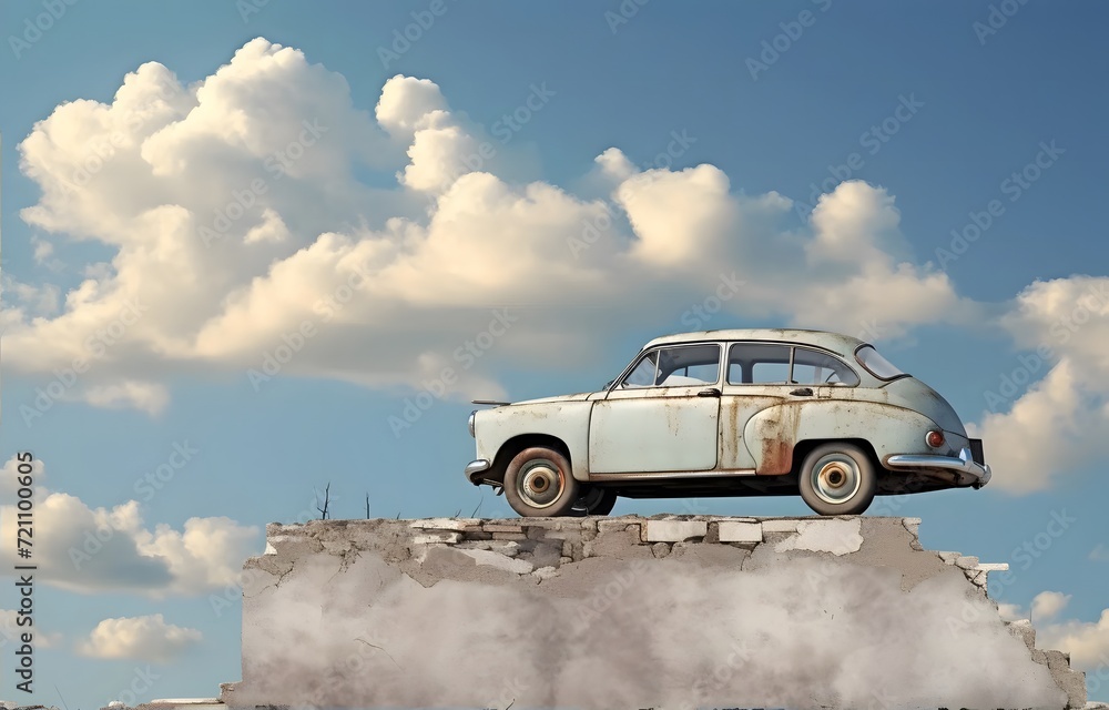 Vintage Car Parked on a Rural Road Under a Blue Sky with Fluffy White Clouds, Capturing the Charm and Nostalgia of a Classic Road Trip Scen